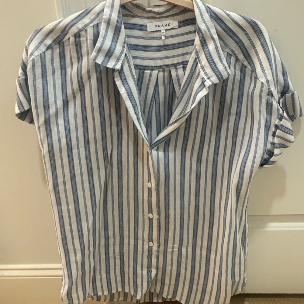 FRAME Short-sleeved Linen Blend Button-down White Blue Vertical Stripes Small